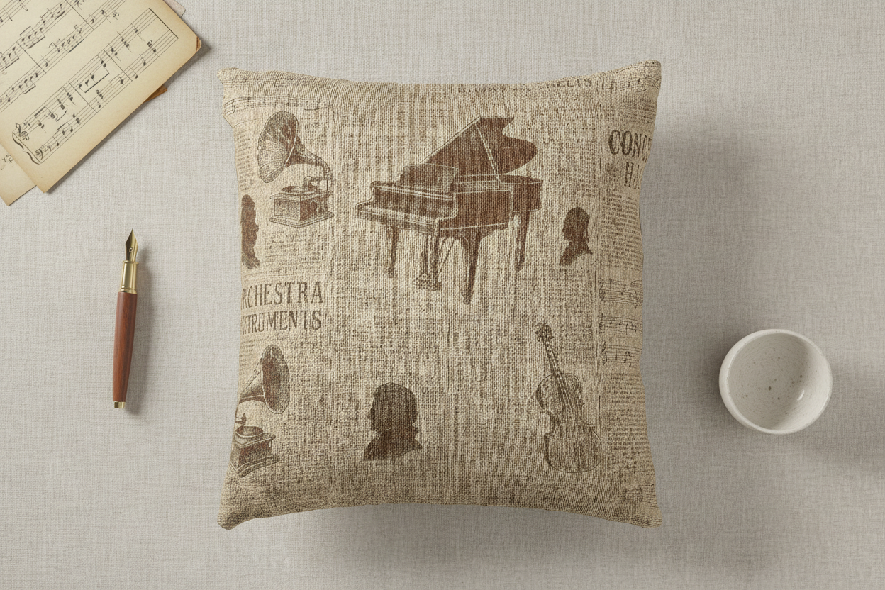 Vintage Music Archive – Antique Press Pattern Woven Pillow — Mockup 4