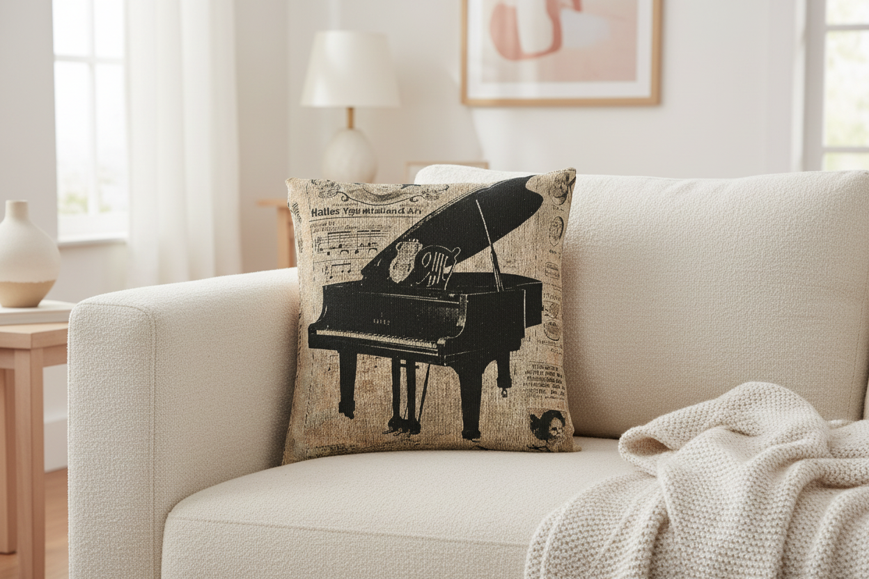 Vintage Music Archive – Grand Piano Portrait Woven Pillow — Mockup 1