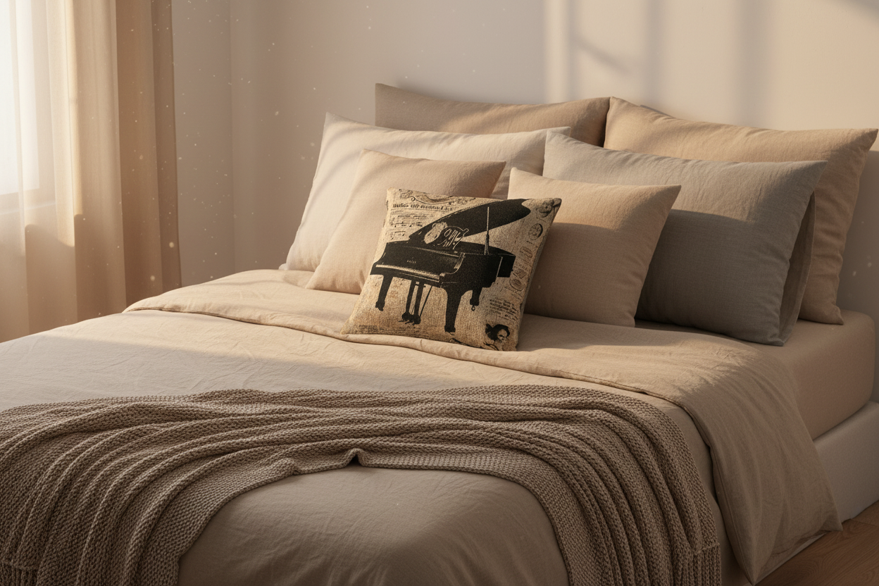 Vintage Music Archive – Grand Piano Portrait Woven Pillow — Mockup 2
