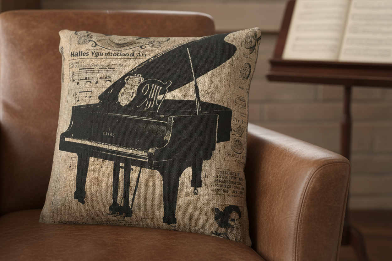 Vintage Music Archive – Grand Piano Portrait Woven Pillow — Mockup 3