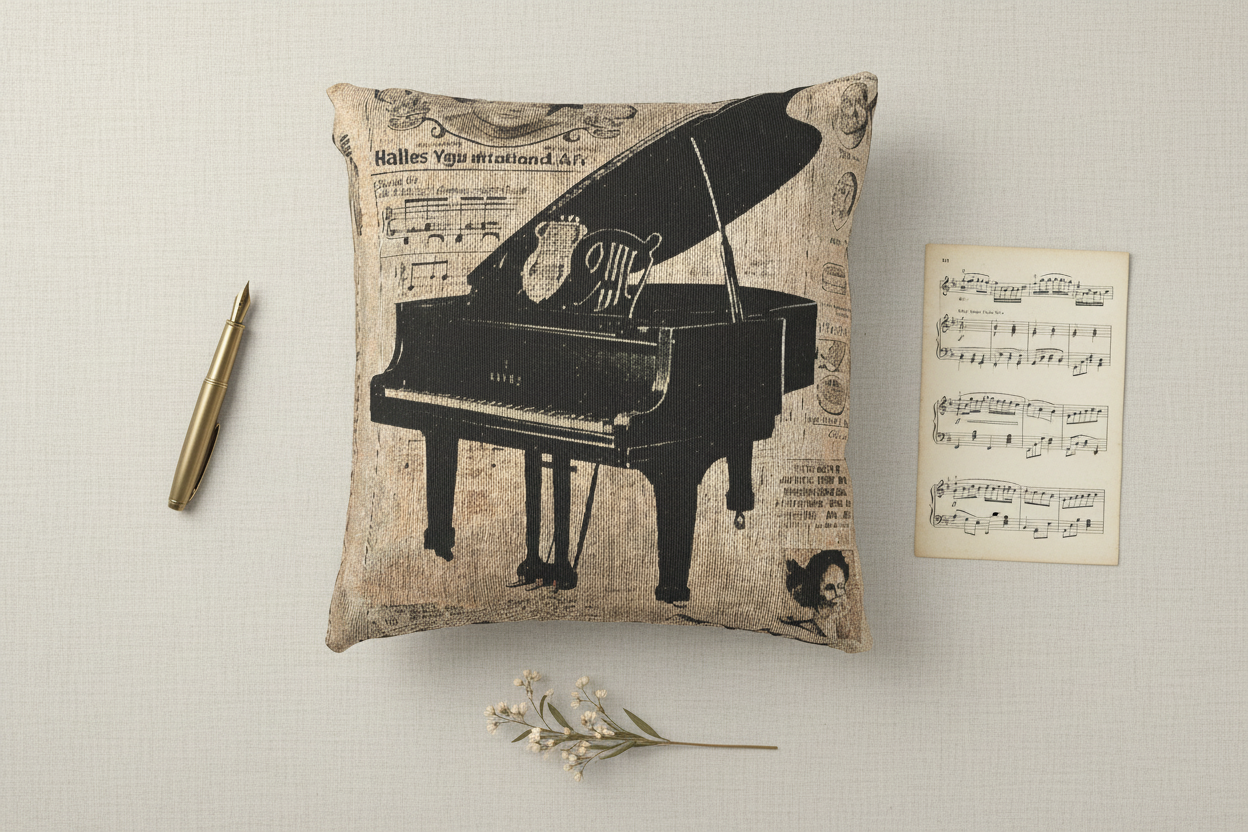 Vintage Music Archive – Grand Piano Portrait Woven Pillow — Mockup 4