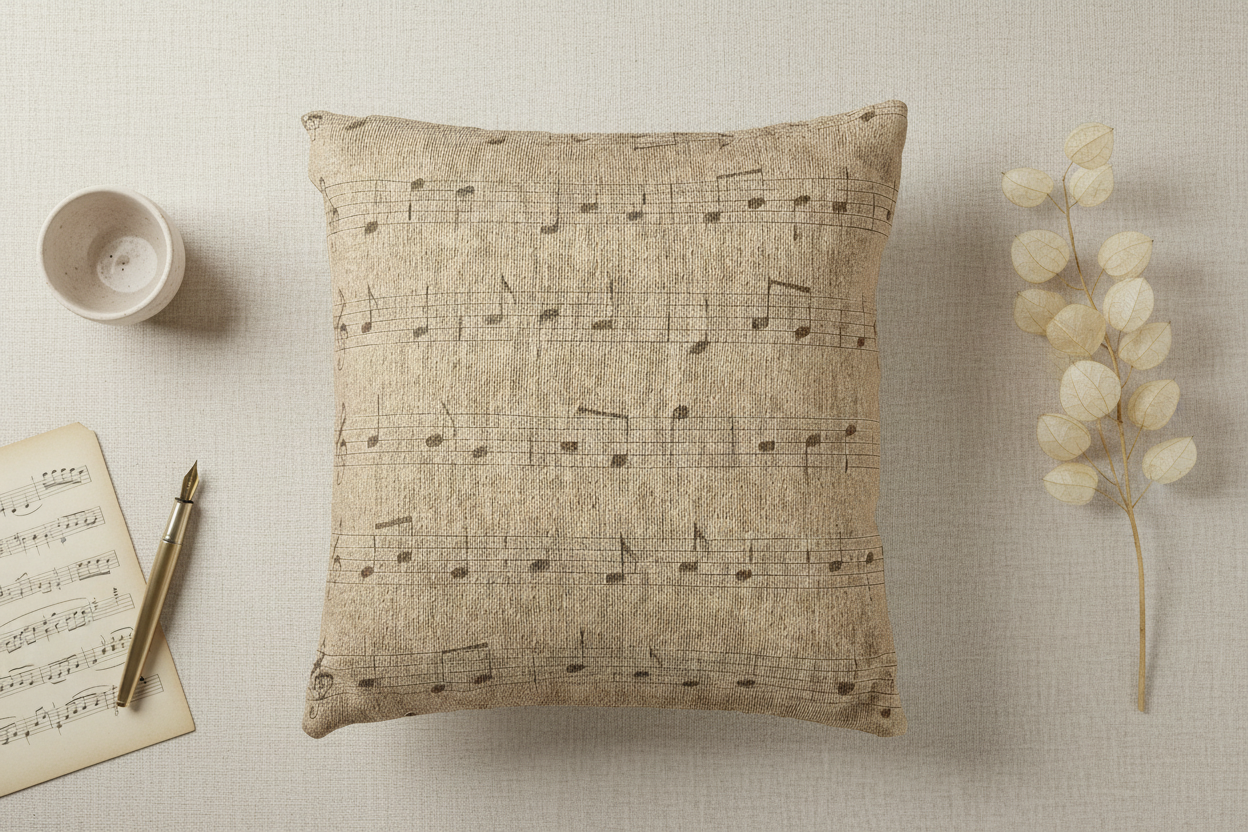 Vintage Music Archive – Sepia Sheet-Music Woven Pillow — Mockup 4